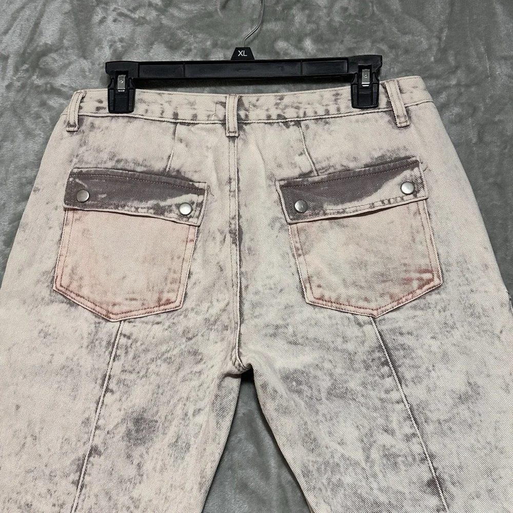 POL Cargo Pocket Pink Detail Light Acid Wash Jeans Womens Sz L Relaxed Fit Boho